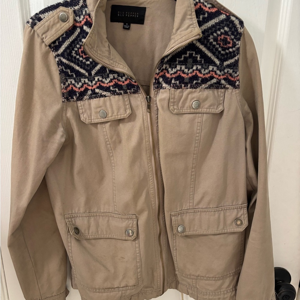 Blu Pepper Tan Jacket with Patterned Accents